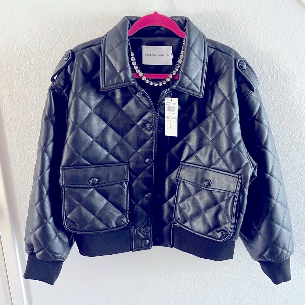REBECCA MINKOFF Faux Leather Bomber Puffer Black Jacket NWT